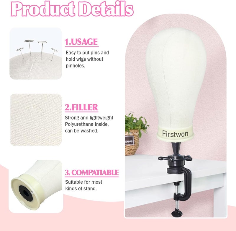 Firstwon 22 Inch Wig Head Canvas Block Mannequin Head for Hair Styling Practice Display Wig Making Tipod Stand with T Pins Set. - Image 2